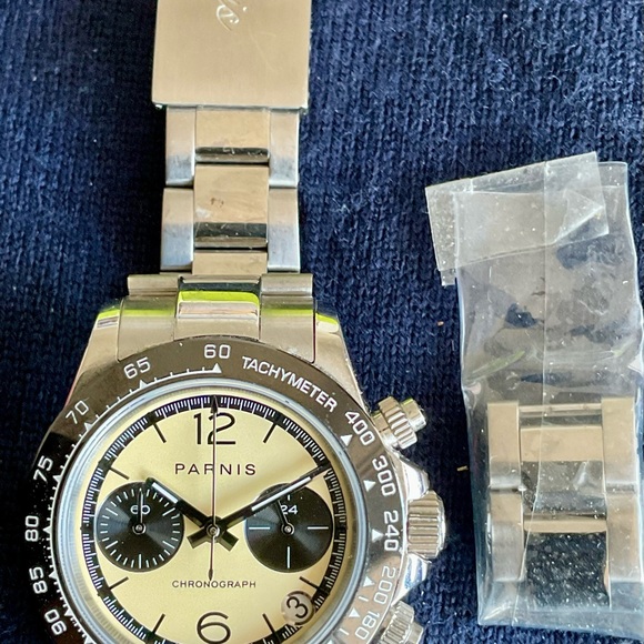 EUC Parnis 39mm Quartz Panda Chronograph w Tachymeter Date S/S Bracelet Links+ - Picture 2 of 9